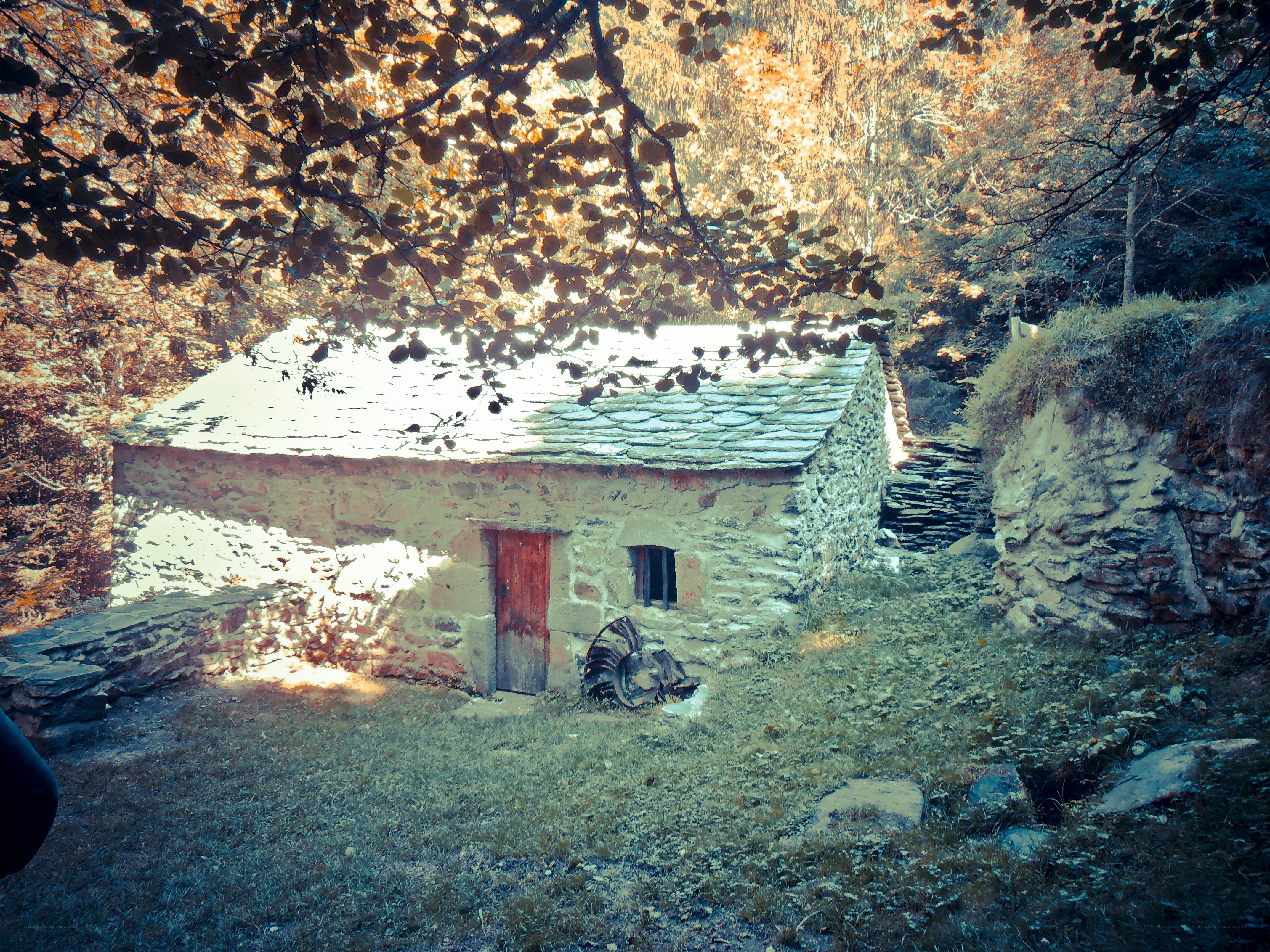 Stone hut in autumn forest