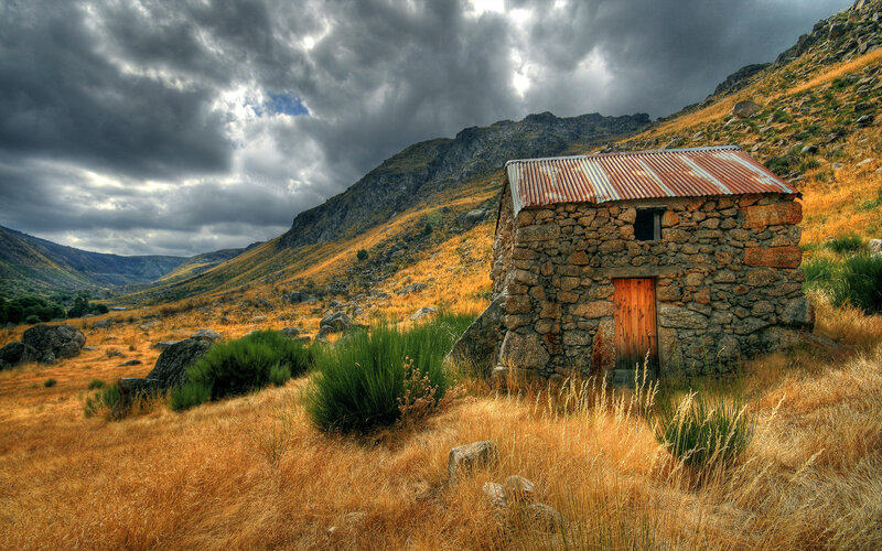 Stone Hut in Mountain Valley — Brown, Dramatic, Afternoon, Photograph