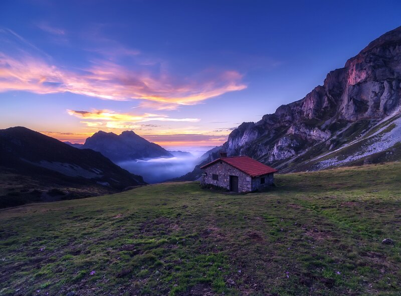 Stone Hut in Mountains — Blue, Serene, Sunrise