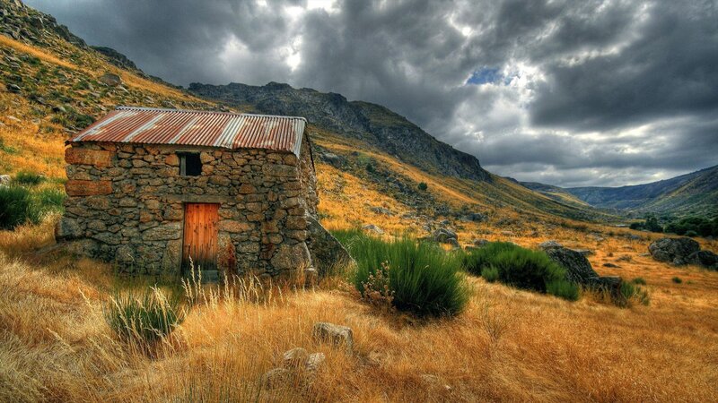Stone Hut in Mountains — Brown, Dramatic, Afternoon, Photograph, Mountain, Sky