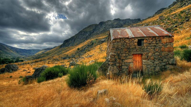 Stone Hut in Mountains — Brown, Dramatic, Afternoon, Photograph