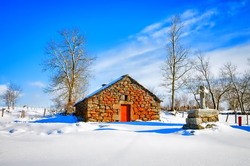 Stone Hut in Snow — Blue, Serene