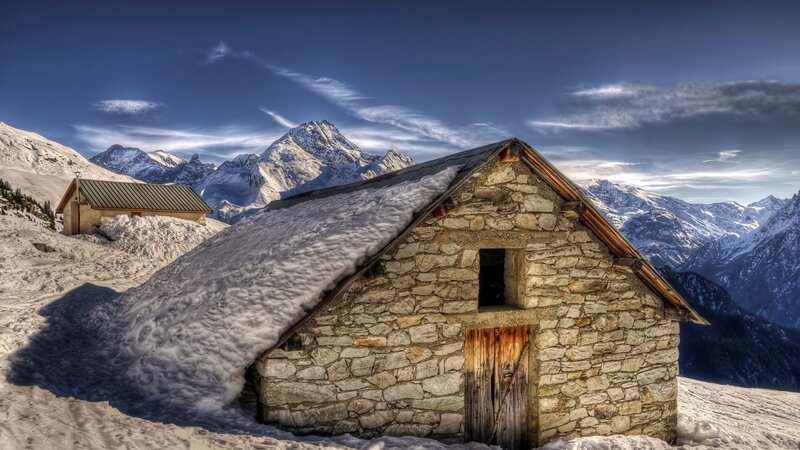 Stone Hut in Snow — Blue