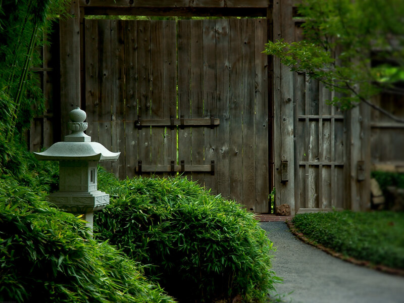 Stone Lantern and Wooden Gate