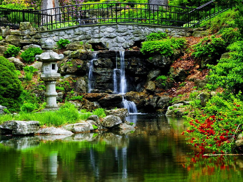 Stone Lantern by Waterfall