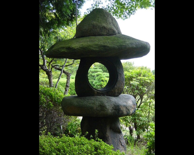 Stone Lantern in Garden — Green, Serene, Afternoon, Photograph, Trees