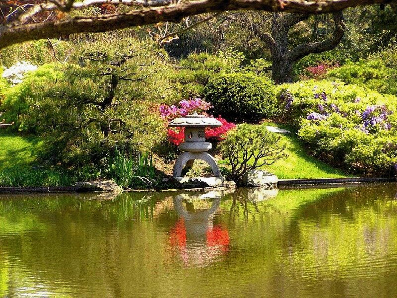 Stone Lantern in Garden — Green, Serene, Spring, Photograph