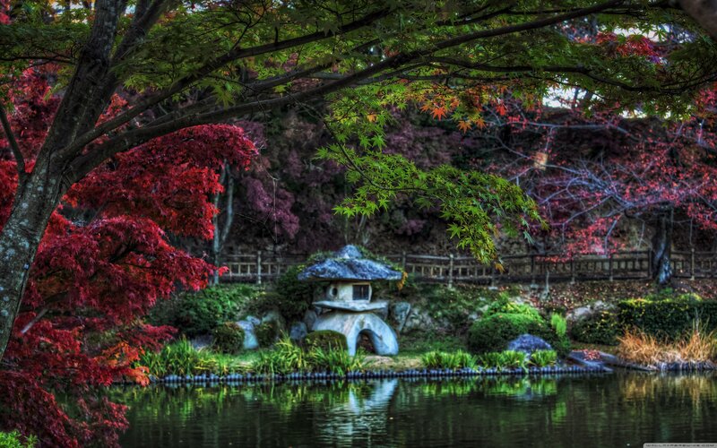 Stone Lantern in Garden — Red, Serene, Autumn