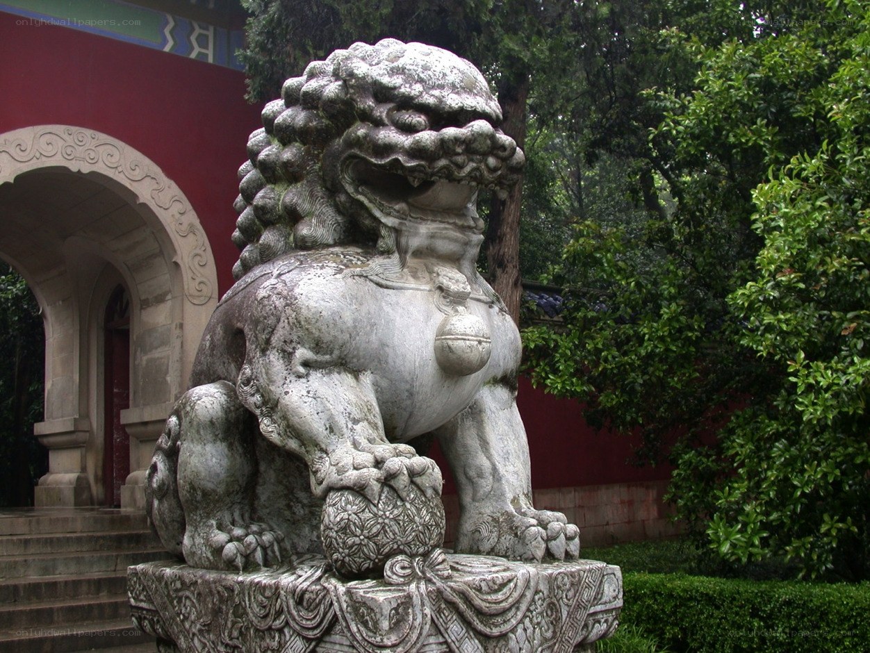 Stone lion statue at temple