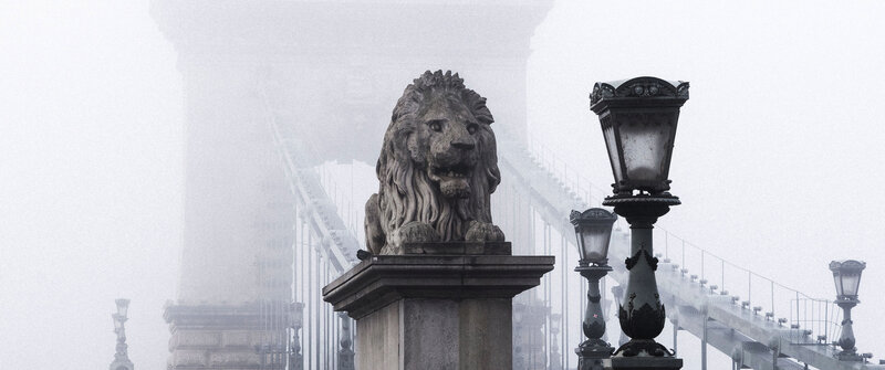Stone Lion Statue — Gray, Misty, Photograph