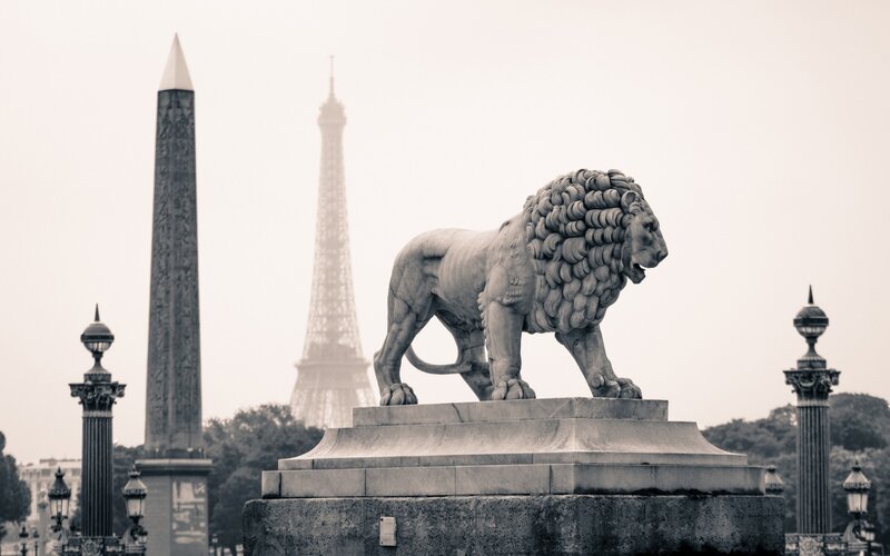 Stone Lion Statue — Gray, Serene, Photograph, Eiffel Tower