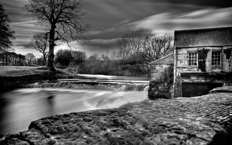 Stone Mill by River — Black, Dramatic, Autumn, Photograph