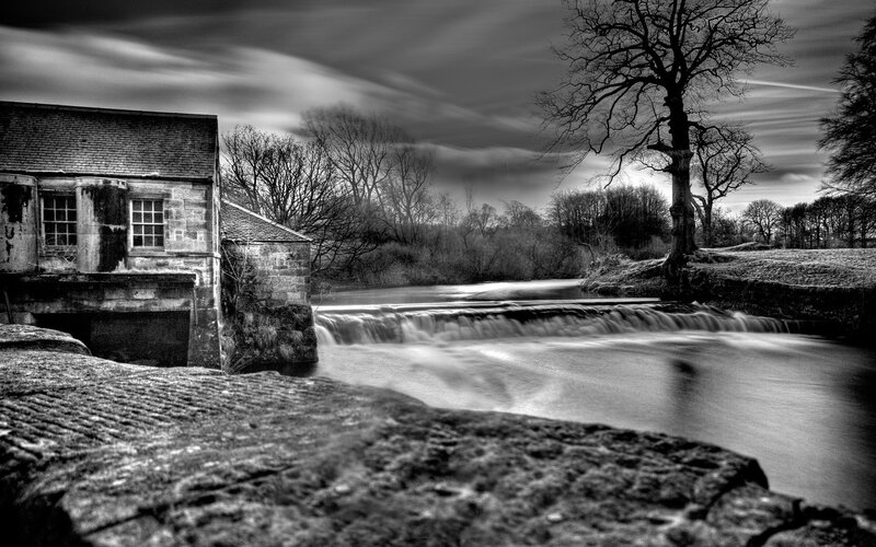 Stone Mill by River — Black, Dramatic