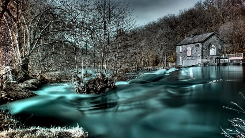 Stone Mill by River — Blue, Dramatic
