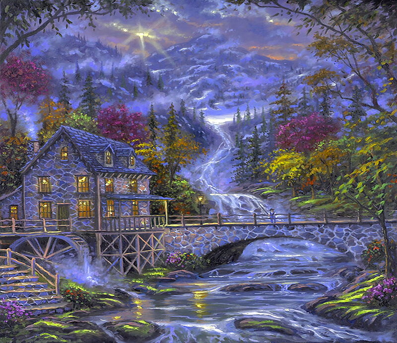 Stone Mill by River — Blue, Serene, Night