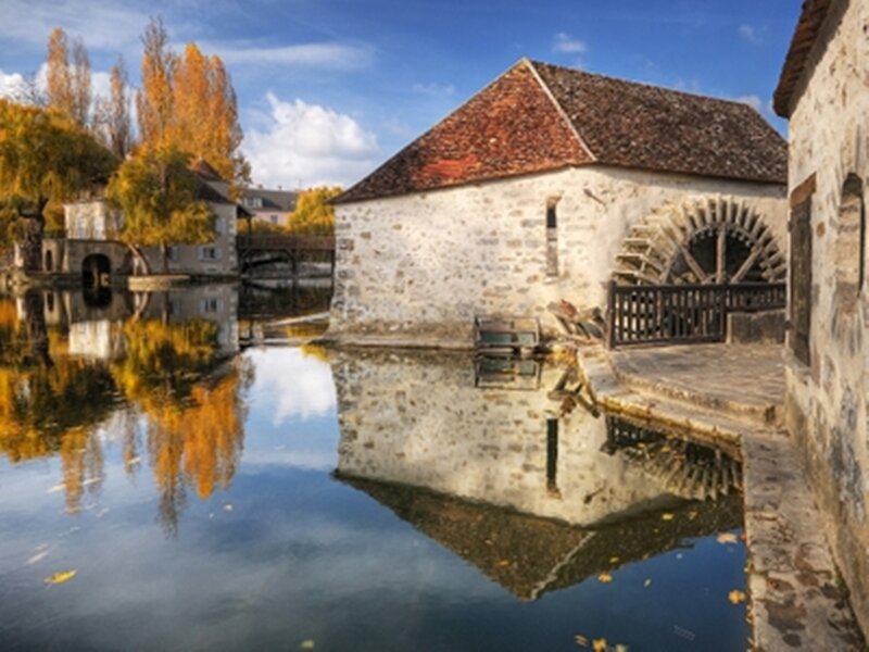 Stone Mill by River — Blue, Serene