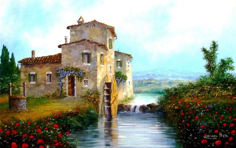 Stone Mill by River — Blue