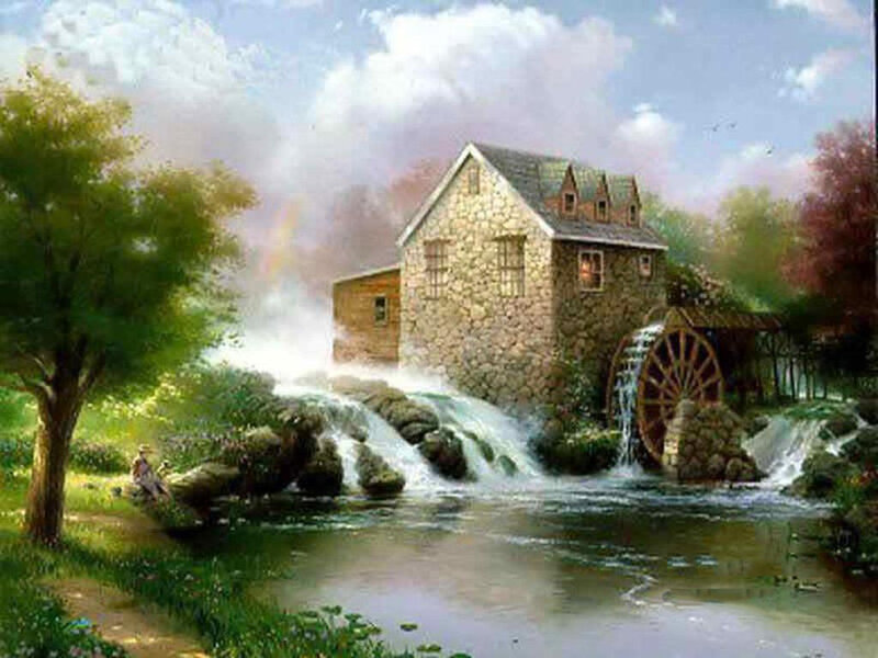 Stone Mill by River — Green, Serene, Afternoon, Painting