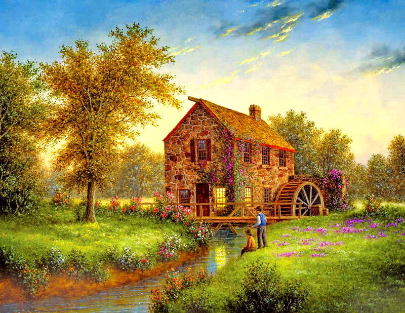 Stone Mill by River — Green, Serene, Afternoon