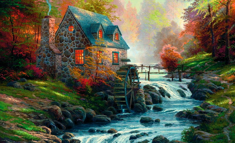 Stone Mill by River — Green, Serene, Autumn