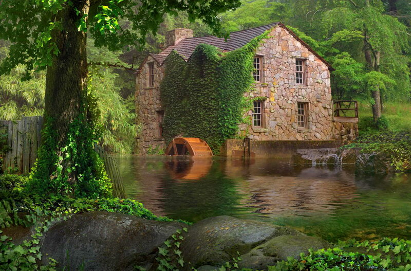 Stone Mill by River — Green, Serene, Morning
