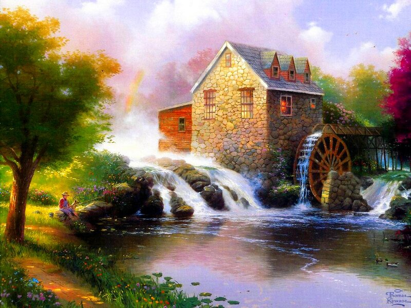 Stone Mill by River — Green, Serene