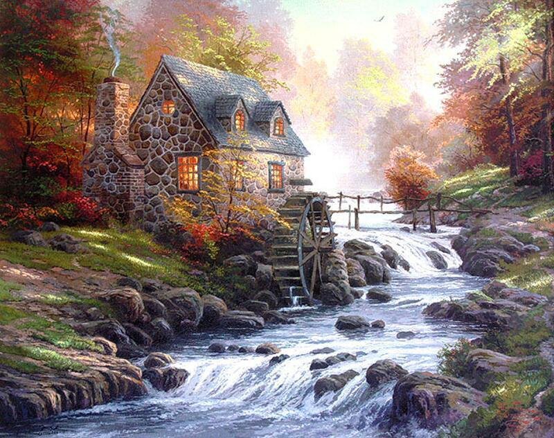 Stone Mill by River — Green
