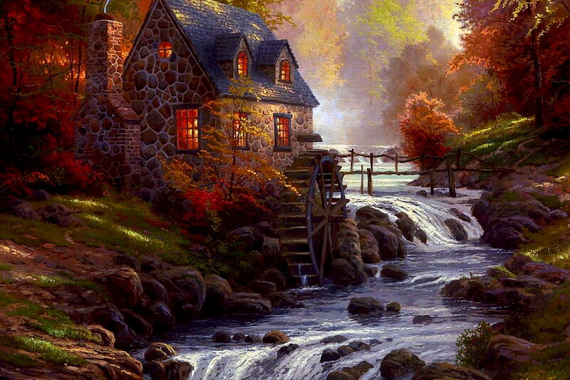 Stone Mill by River — Red
