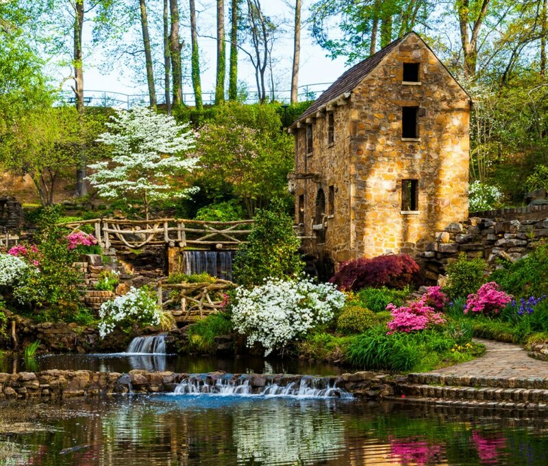 Stone Mill by Stream — Green, Serene, Spring