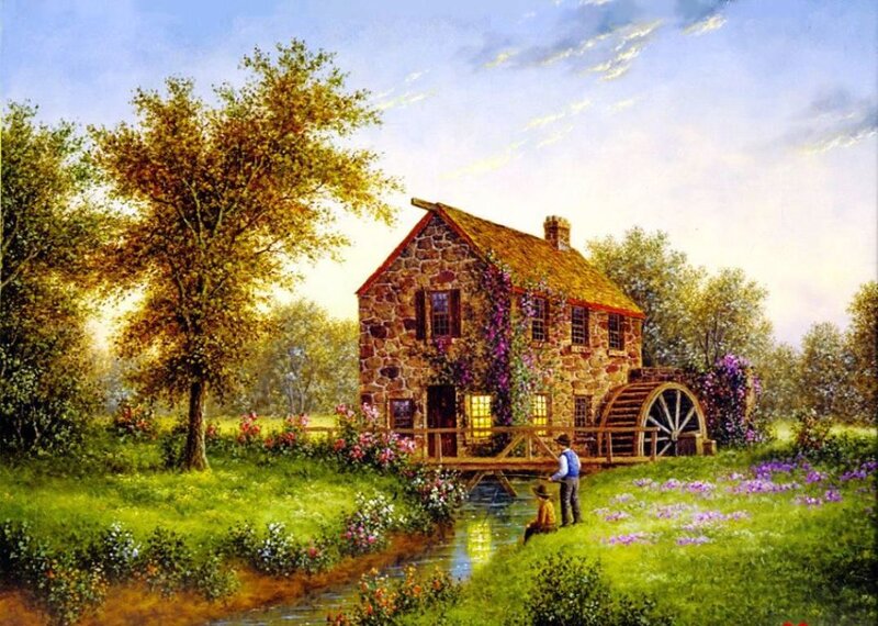 Stone Mill by Stream — Green, Serene