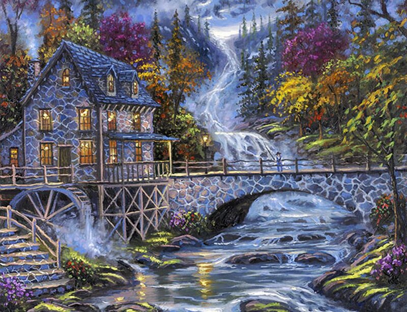 Stone Mill by Waterfall — Blue, Serene