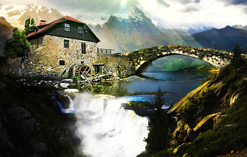 Stone Mill by Waterfall — Blue