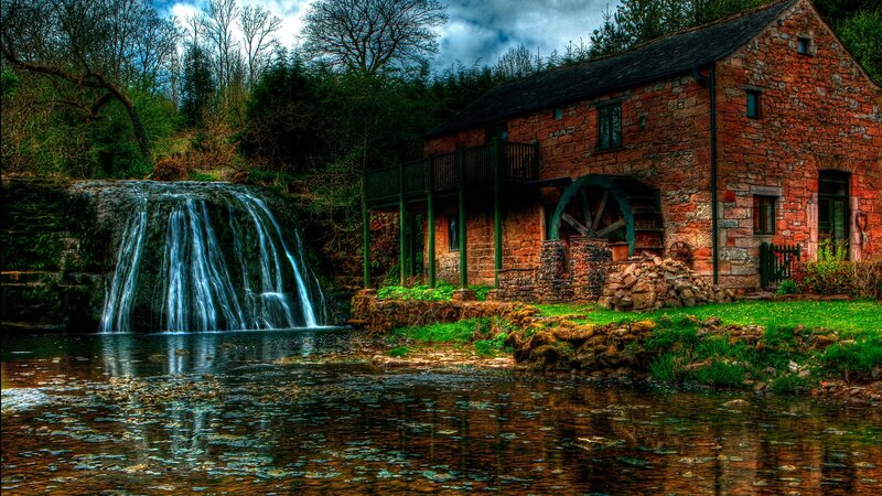 Stone Mill by Waterfall — Brown