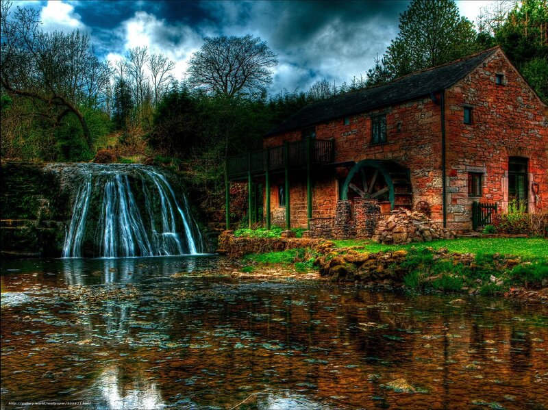 Stone Mill by Waterfall — Green, Dramatic, Afternoon