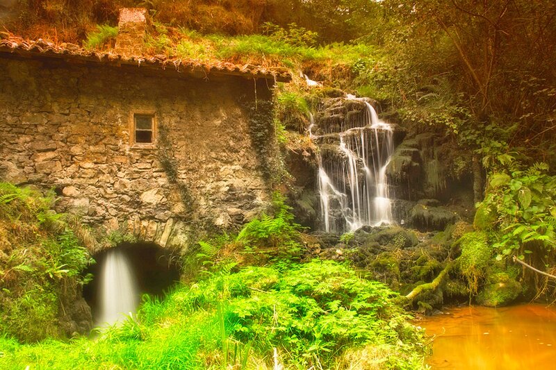 Stone Mill by Waterfall — Green, Serene, Afternoon