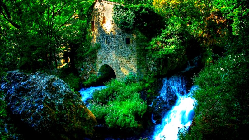 Stone Mill by Waterfall — Green, Serene