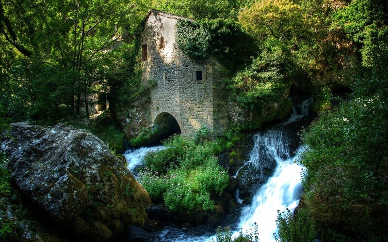 Stone Mill by Waterfall — Green