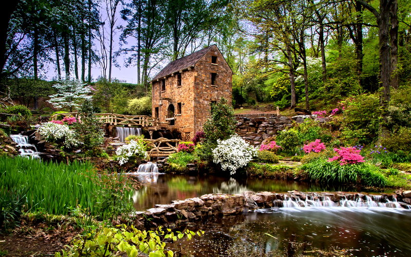 Stone Mill in Garden — Green, Serene, Spring
