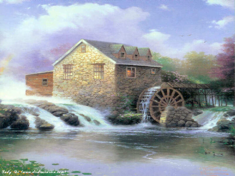 Stone Mill with Waterwheel — Blue, Serene