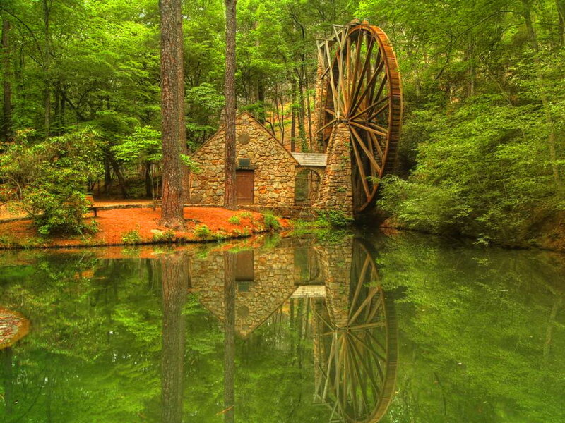 Stone Mill with Waterwheel — Green, Serene, Afternoon