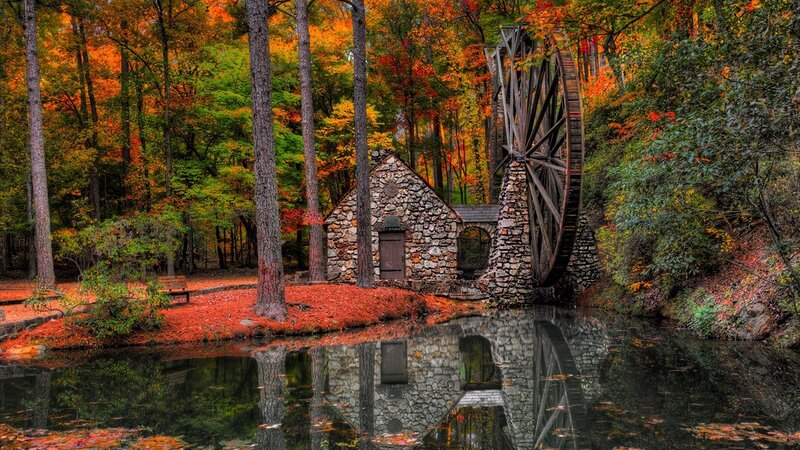 Stone Mill with Waterwheel — Orange, Serene, Autumn, Photograph, Forest
