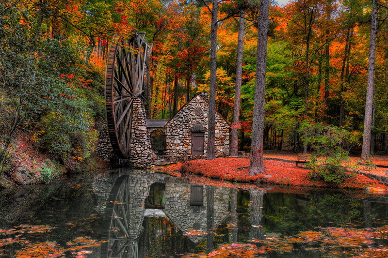 Stone Mill with Waterwheel — Orange, Serene, Autumn, Photograph
