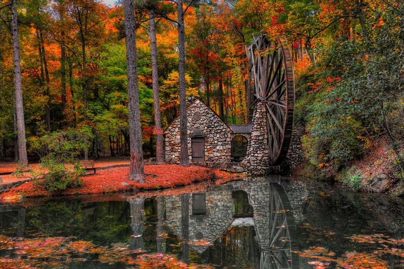 Stone Mill with Waterwheel — Orange, Serene, Autumn