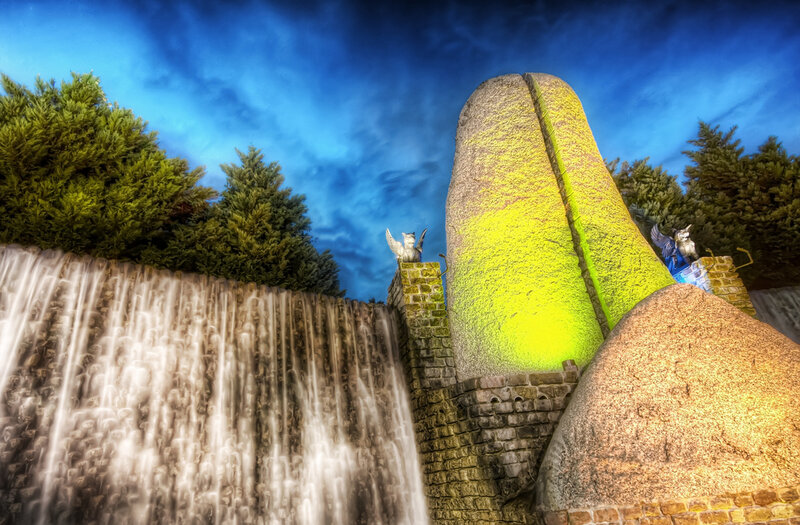 Stone Monument with Waterfall