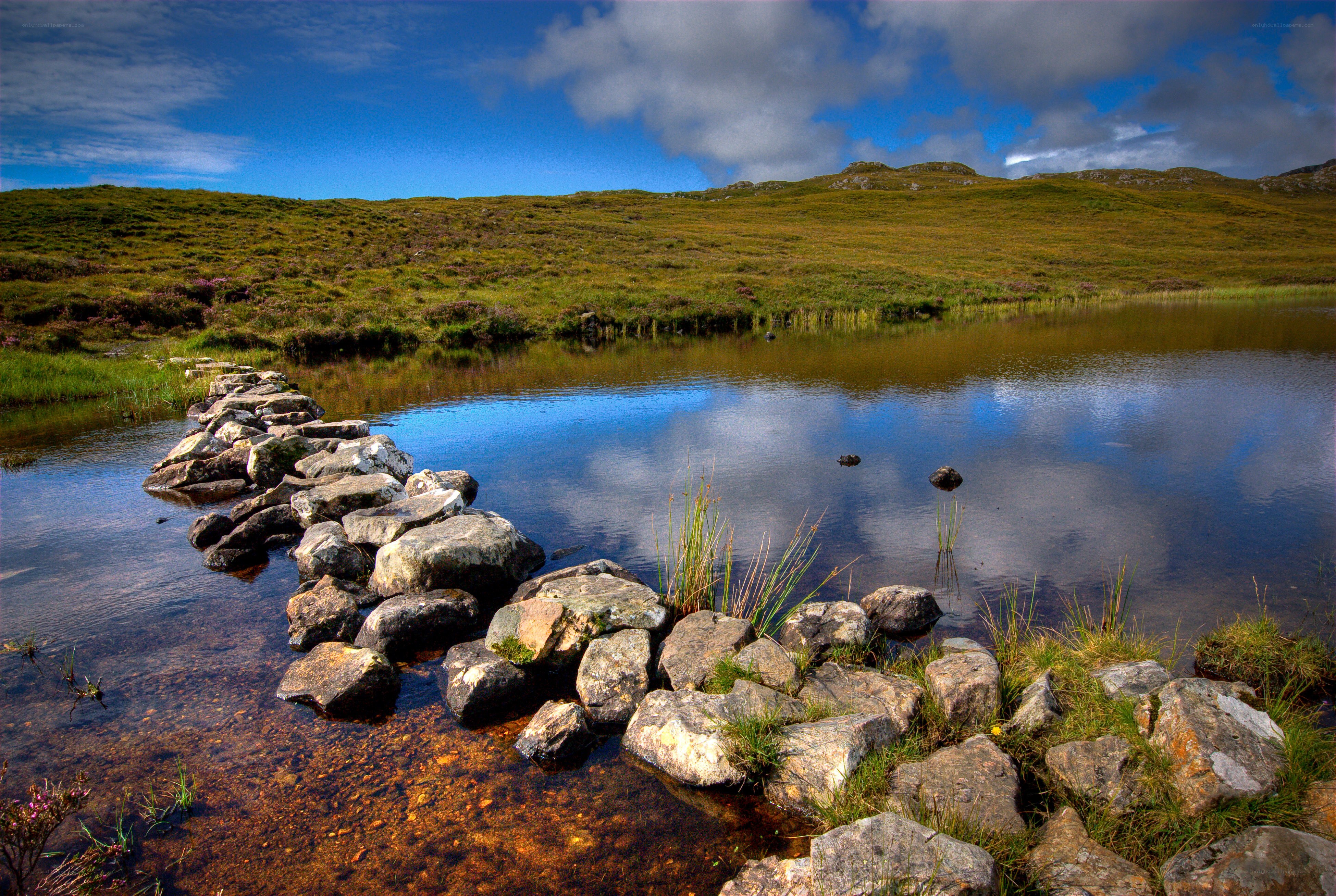 Stone path across a serene loch