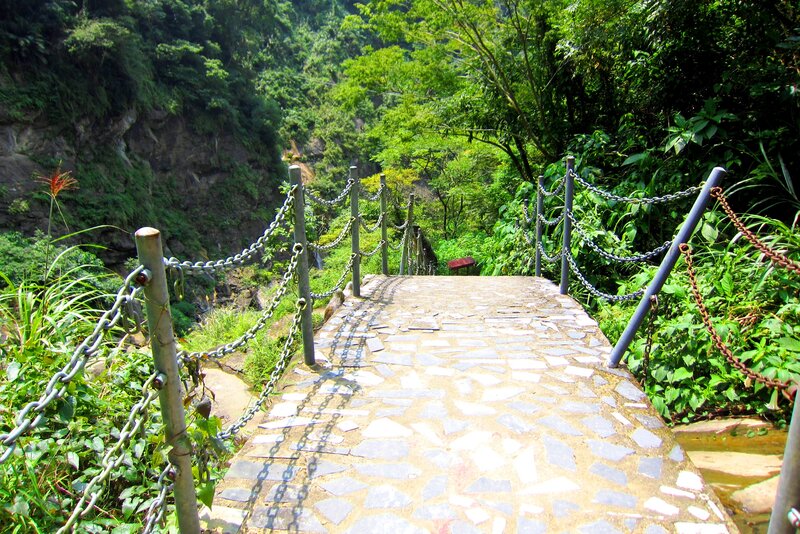 Stone Path in Forest — Green, Serene, Afternoon, Photograph, Chain-link Railing