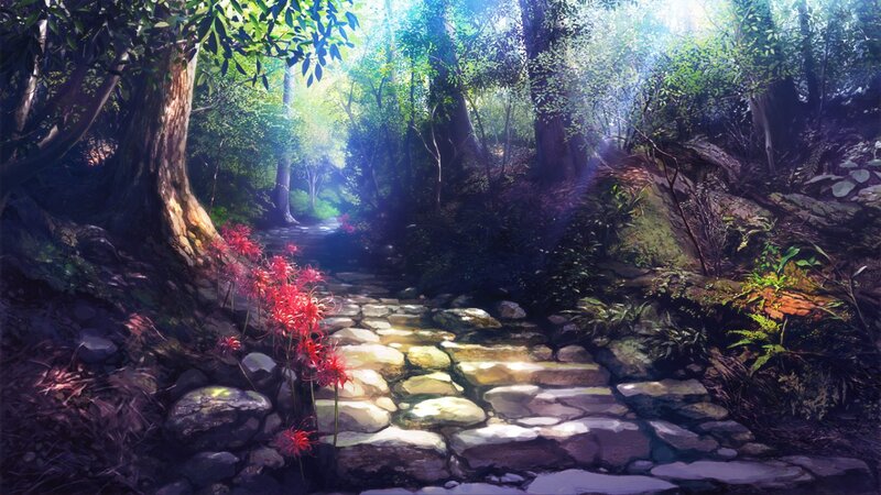 Stone Path in Forest — Green, Serene, Morning, Digital Art