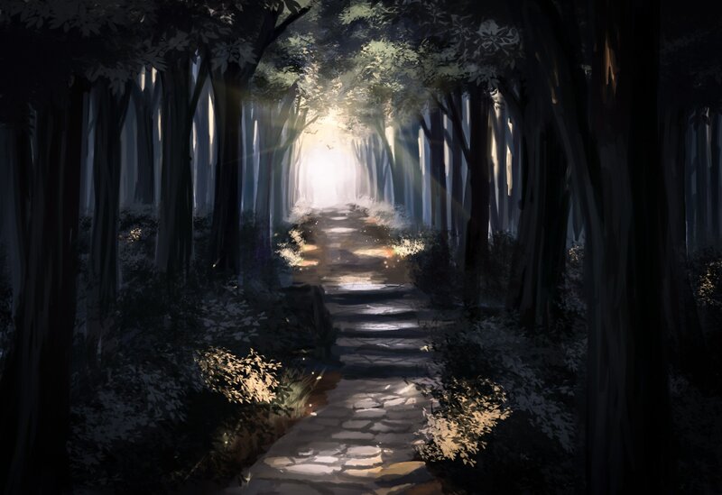 Stone Path in Forest — Green, Serene, Morning, Digital Art, Trees