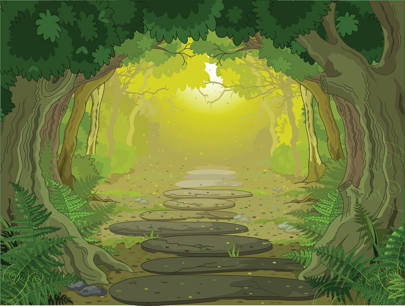 Stone Path in Forest — Green, Serene, Morning, Illustration