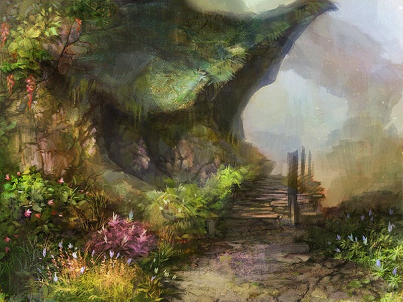 Stone Path in Forest — Green, Serene, Painting
